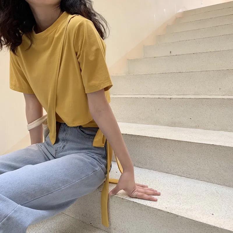 Irregular Bow Bandage Summer Women's Fashion Tops Short Sleeve Solid Color Casual Loose T-shirt