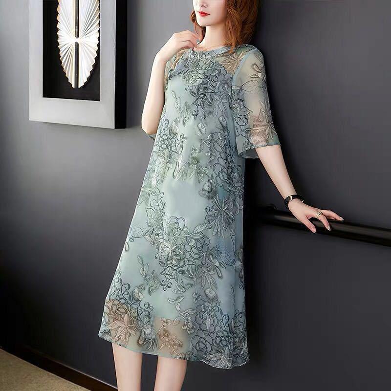 Women's Mid-length Dress Clothing Large Size Loose Chiffon Round Neck Short Sleeve Printing