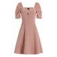Female Vintage Simple One Line Collar Button Slim High Waist Short Sleeve A-line Elegant Party Dress