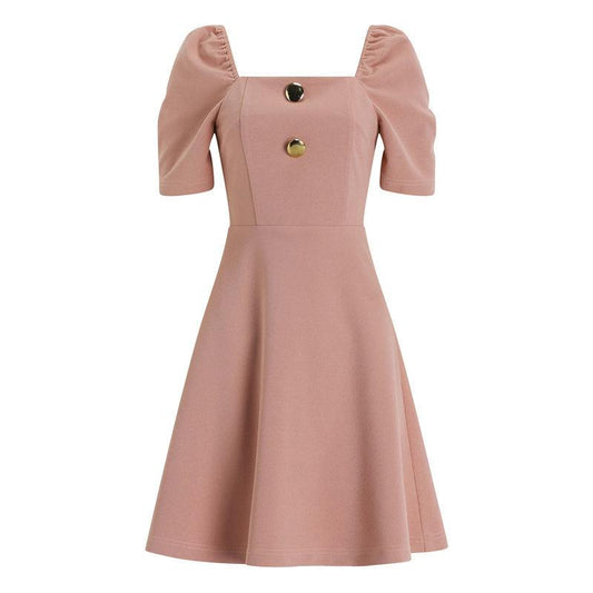 Female Vintage Simple One Line Collar Button Slim High Waist Short Sleeve A-line Elegant Party Dress