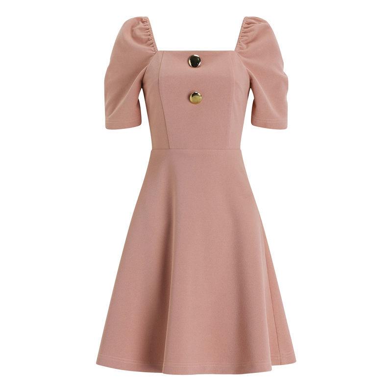 Female Vintage Simple One Line Collar Button Slim High Waist Short Sleeve A-line Elegant Party Dress