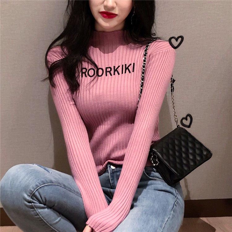 Pofulove Sweater Knit Sweater Top Retro Slim Long Sleeve Pullover Half Turtleneck Lettering