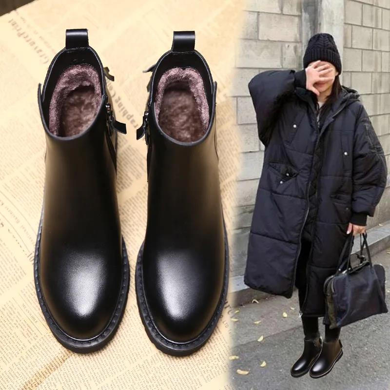 Short Boots Women's Autumn and Winter Flat Thick Heel Martin Boots Warm and Comfortable Leather Cotton Shoes