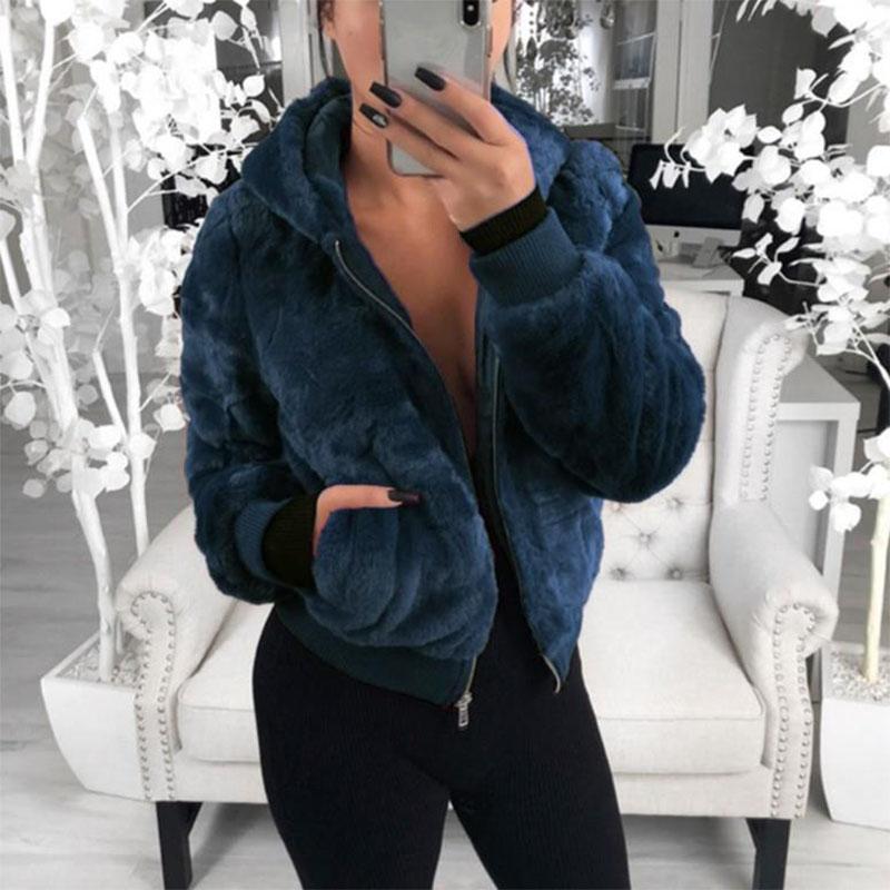 Women's Autumn and Winter Jacket Hooded Bunny Fur Grass Short Coat Female Long Sleeve Solid Color Warm
