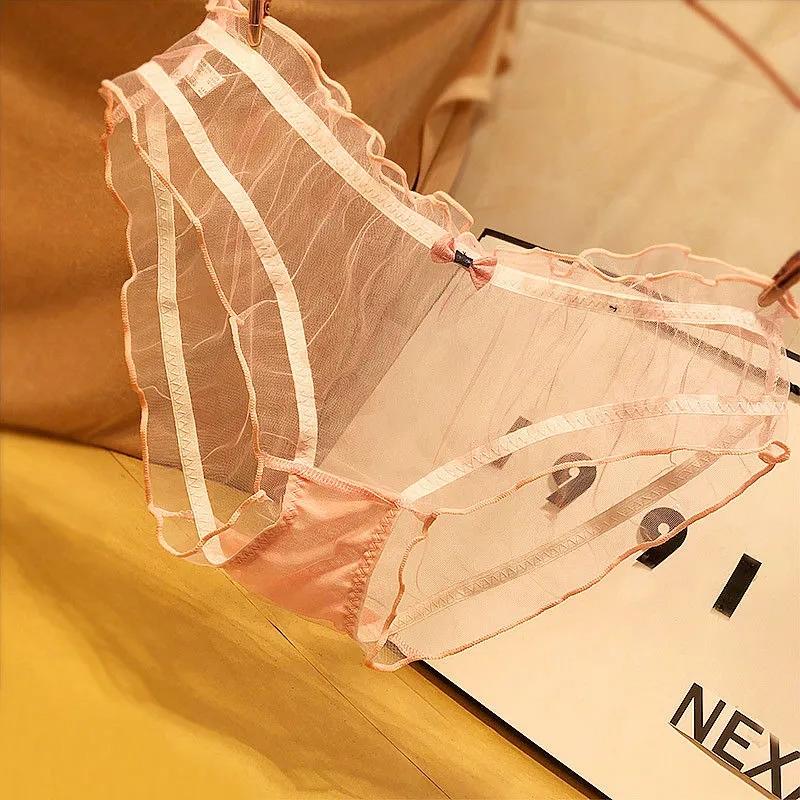3PCS Japanese Sexy Girl Lace Panties Ultra-thin Transparent See-through Briefs Temptation Low-waisted Bottoms Mesh Hollow Out Underwear Shorts