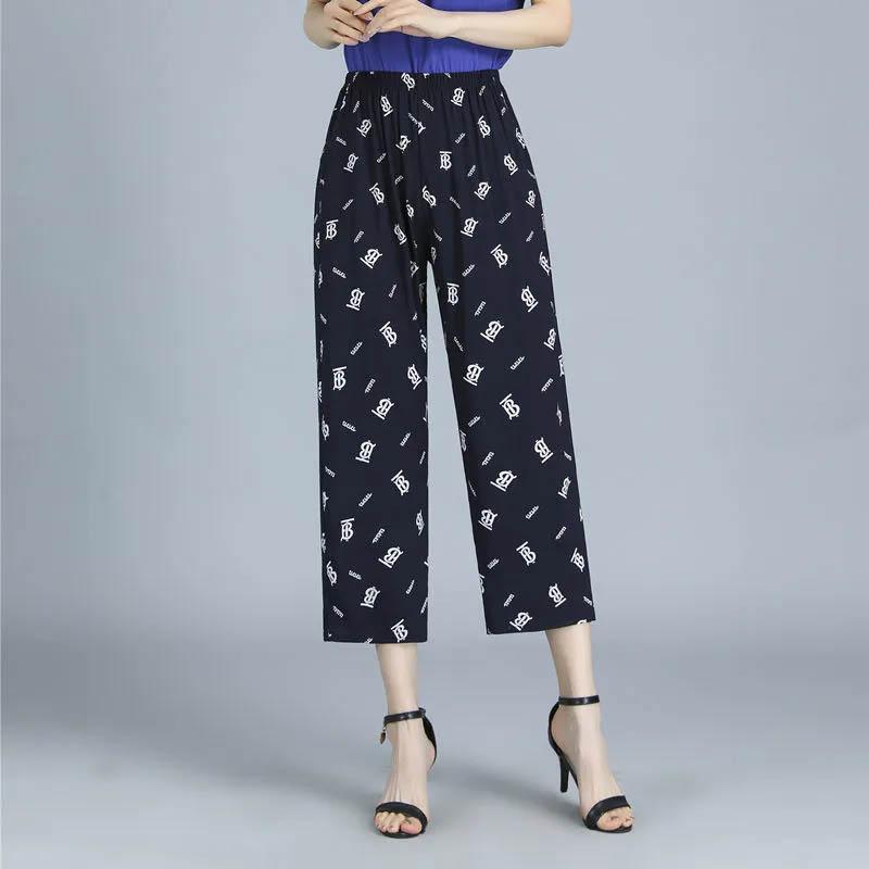 Women's Pants Summer Thin Cotton Silk Nine-point Pants Elastic Waist Casual Straight Eight-point Pants Comfortable Loose Breathable Trousers