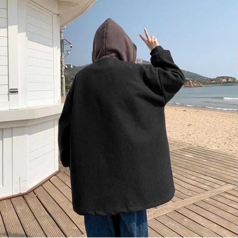 Warm Woolen Coat Mid-length Loose Casual All-match Long-sleeved Hooded Top Coat Men's Temperament Mid-length Windbreaker