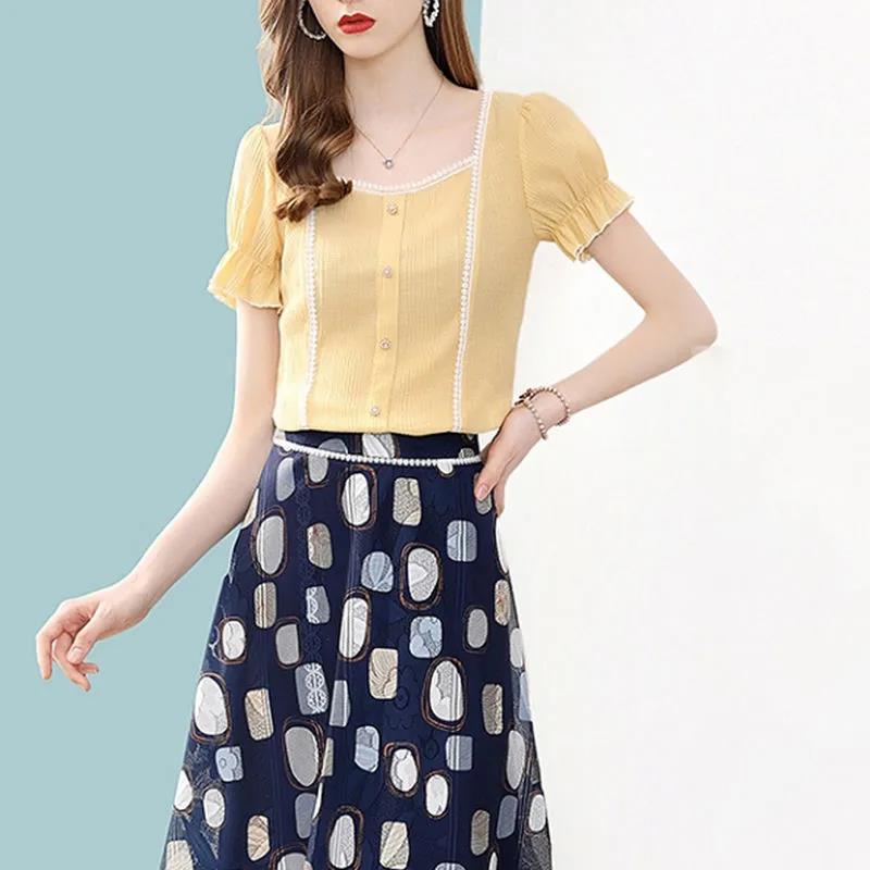 Women's Summer Square Neck Top Loose Chiffon Puff Sleeves