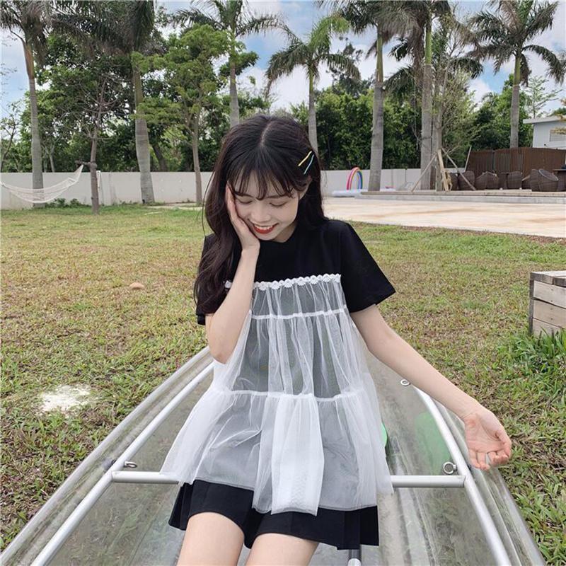 Short-sleeved Female Student Korean Loose T-shirt Summer Sweet Stitching Mesh T-shirt Round Neck Girlfriends Outfit