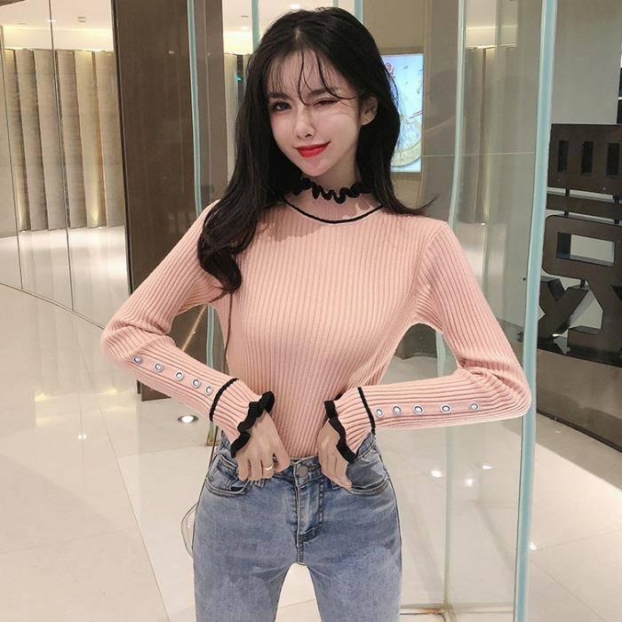 Pofulove Thick Sweater Slim Fit Shirt Spring Autumn Color Fungus Half High Neck Long Sleeve Women