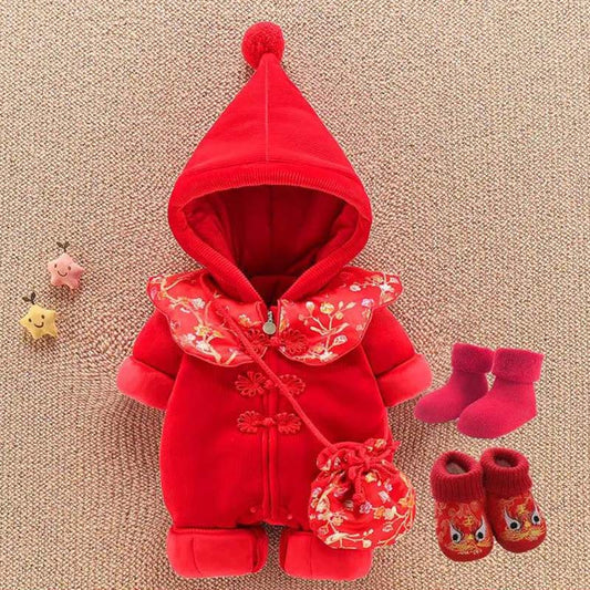 Baby Tang Suit One-piece Winter Newborn Full Moon Clothes for Men and Women Baby One-year-old One-hundred-day Dress Thickened Crawling Clothing