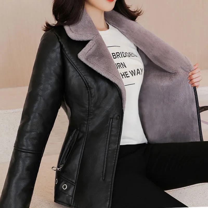 Winter Leather Jacket and Fur In One Medium and Long Women's Lamb Fur Jacket Plus Velvet Thickening Large Size Leather Jacket