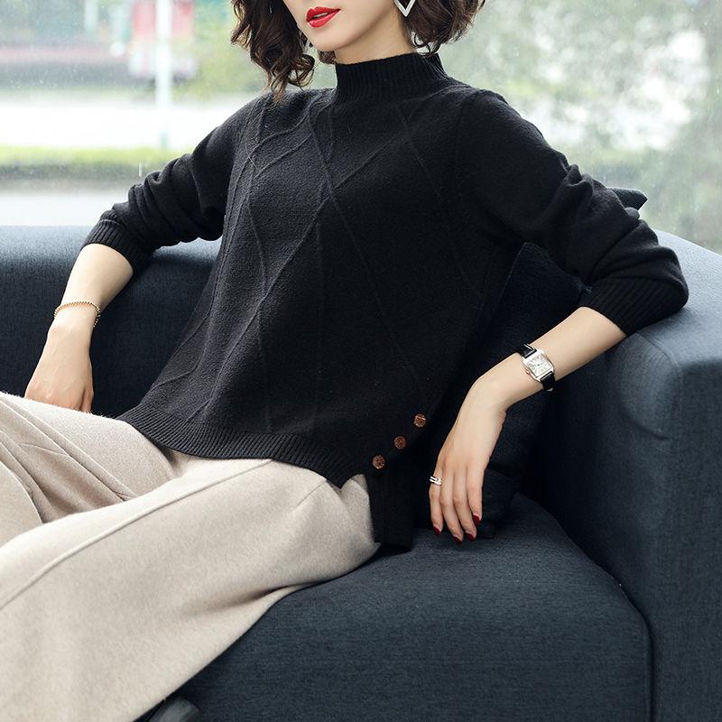Spring and Autumn Half Turtleneck Thick Sweater Loose Short Knit Sweater All-match Solid Color Long-sleeved Bottoming Shirt