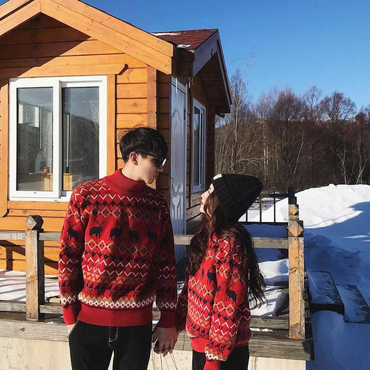 Couple Sweater Christmas Theme Winter 2 Colors Elk Print O-neck Loose Retro Unisex Pullover