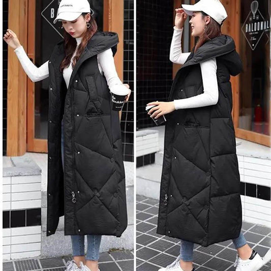 Women Winter Warm Hooded Long Down Cotton Vest Jacket Solid Color Thicken Overknee Waistcoat