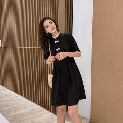 Pofulove Women Chinese O-neck Bow Dress Slim Short Sleeve Short Dress Stand Collar Black Dress