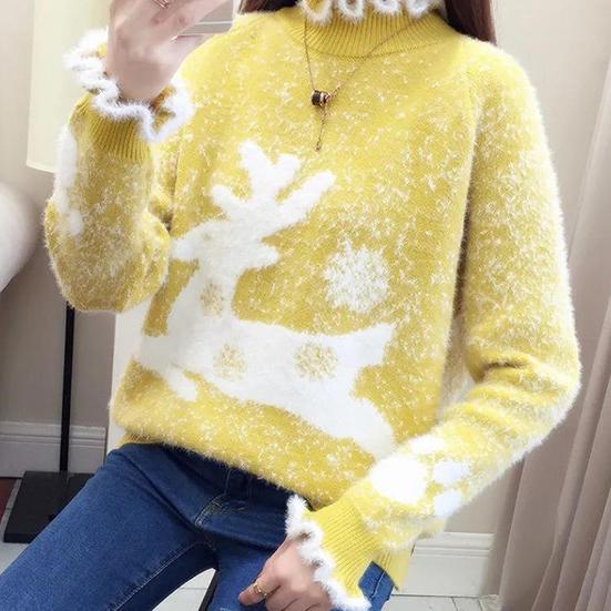 Women's Winter Loose Elk Sweater Female Large Size Temperament Sweater Half-high Lace Collar Christmas Knitted Pullover
