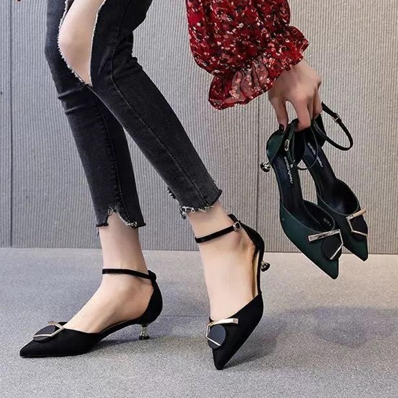 3cm Low Heel Single Shoes Women Stiletto Heel Shoes Temperament Green High Heels Women Pointed Hollow Shoes Women