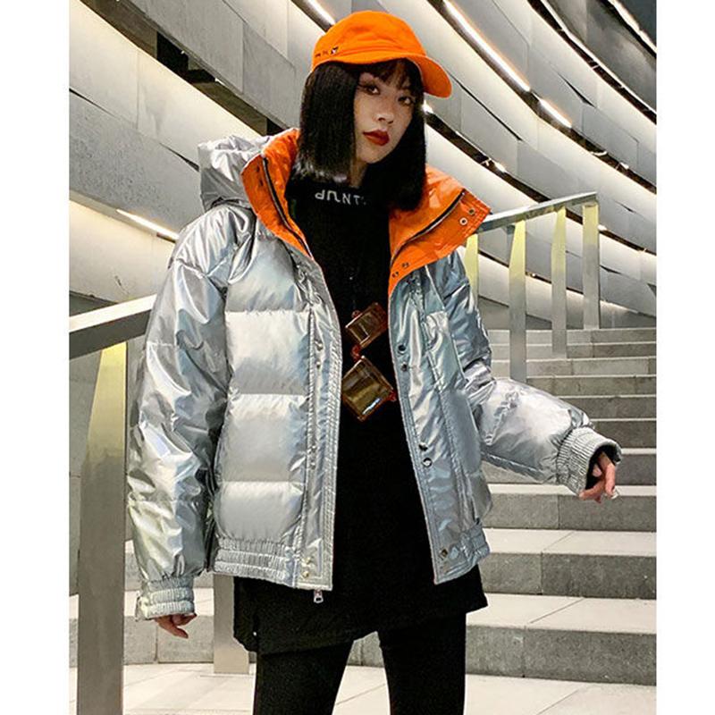 Women's Bright Print Short Down Jacket Winter Korean Loose Quilted Jacket Casual Stand-up Collar Hooded Down Jacket Quilted Jacket