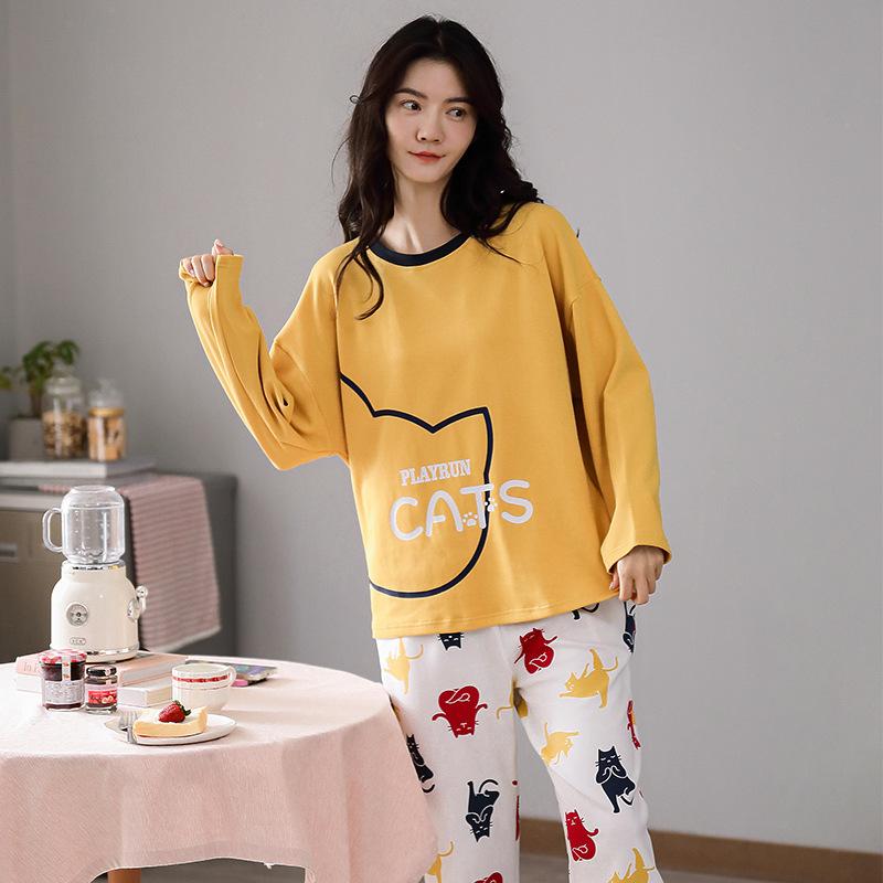 Women's Pajamas Suit Autumn Winter Pyjamas Set Long Sleeve Sleepwear Loose Casual Home Wear Pullover Cute Nightwear Tops and Pants Sets Round Neck