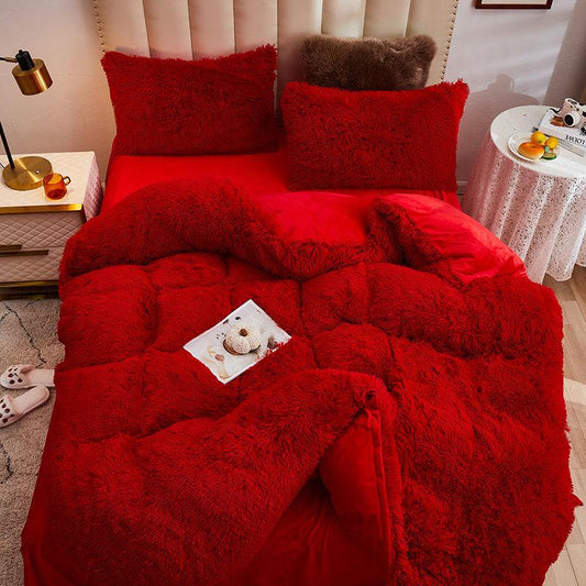 Coral Fleece Four-piece Set Mink Fleece Thick Flannel Double-sided Fleece Plush Quilt Cover Crystal Fleece Home Bedding Set
