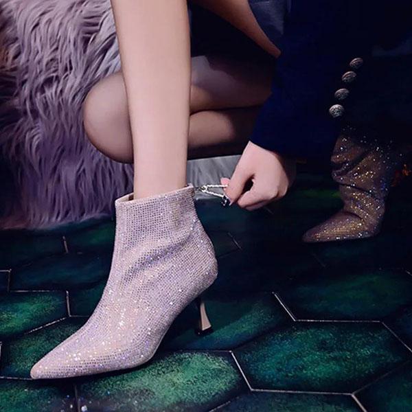 Women's Fall and Winter Party Single Boots Female Large Size Solid Color Rhinestone High-heeled Shoes