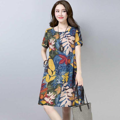 Cotton Plus Size Women's Printed Short-sleeved Dress Loose and Thin Ethnic Style Leaf Skirt