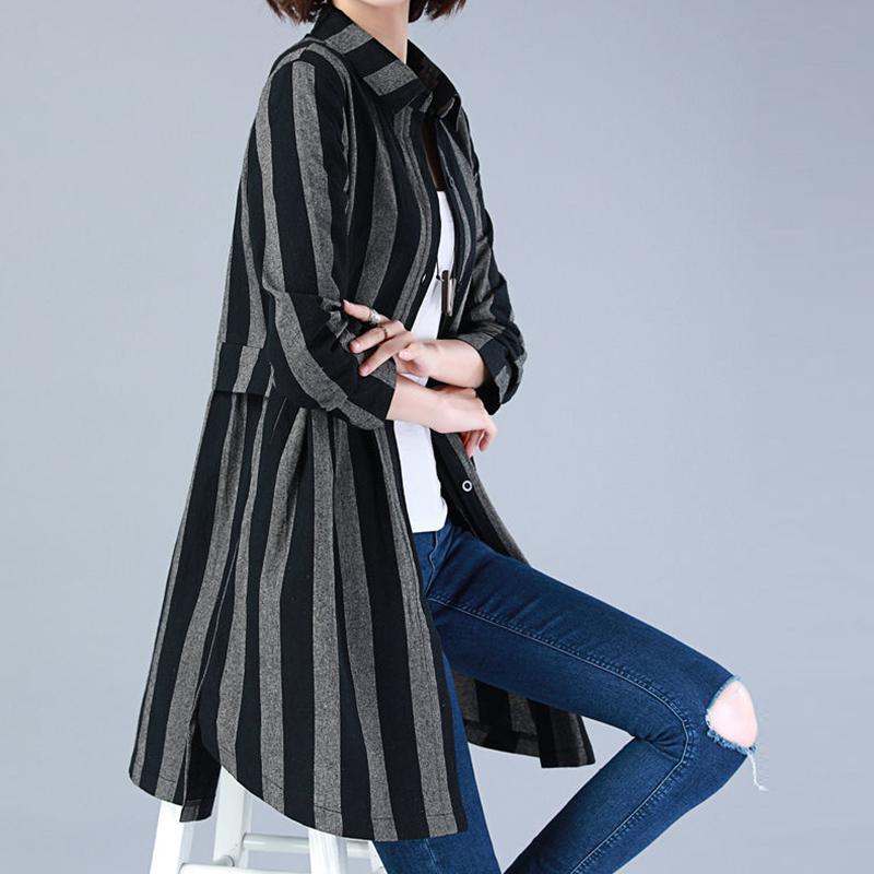 Long-sleeved All-match Plus Size Women's Striped Shirt Mid-length Shirt Temperament Top
