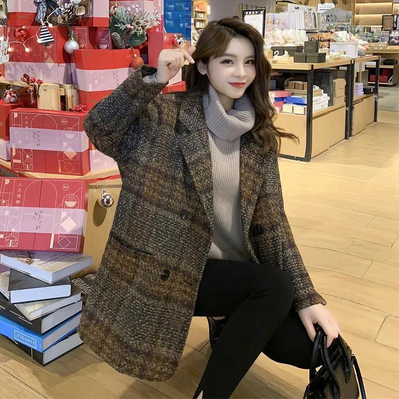 Cotton Woolen Plaid Coat Women's Mid-length Spring Loose Woolen Coat