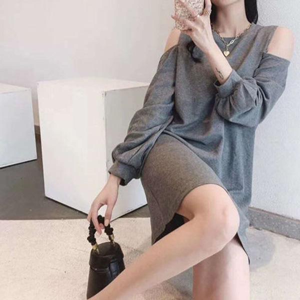 Spring and Autumn Retro Bottoming Shirt Strapless Sexy Bag Hip One-piece Dress Loose Solid Color Long-sleeved Dress Female Scheming Niche Design