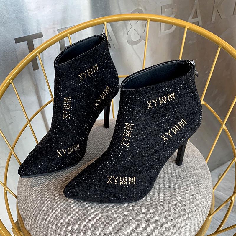 Ladies Zip High Heels Boots Women Pointed Toe Glittering Party Wedding Ankle Martin Boots Shoes