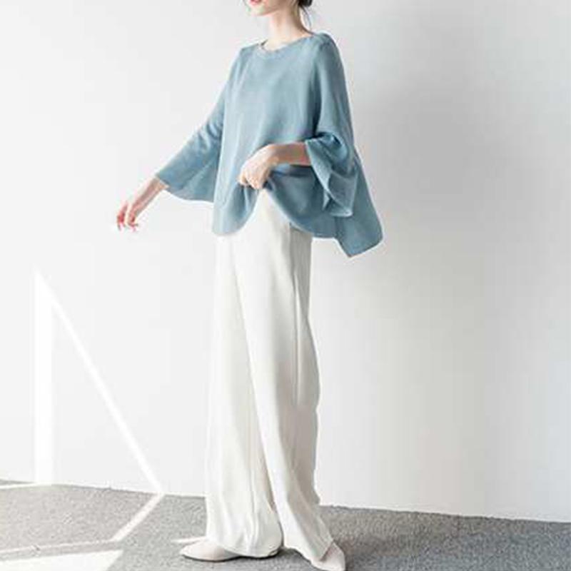 Knit Sweater Women Loose T-shirt Thin Spring, Summer and Autumn Trumpet Three-quarter Sleeves One-shoulder Top