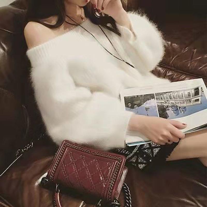 Autumn  Winter Mink Velvet Sweater Women Casual Loose One-word Neck Strapless Long-sleeved V-neck Outer Wear Sweater