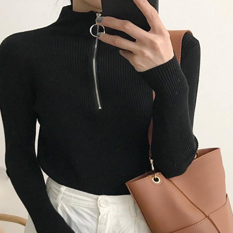 Pofulove Half-neck Collar Sweater Autumn  Winter Inside Thick Slim Outer Wear Knitted Bottom Shirt