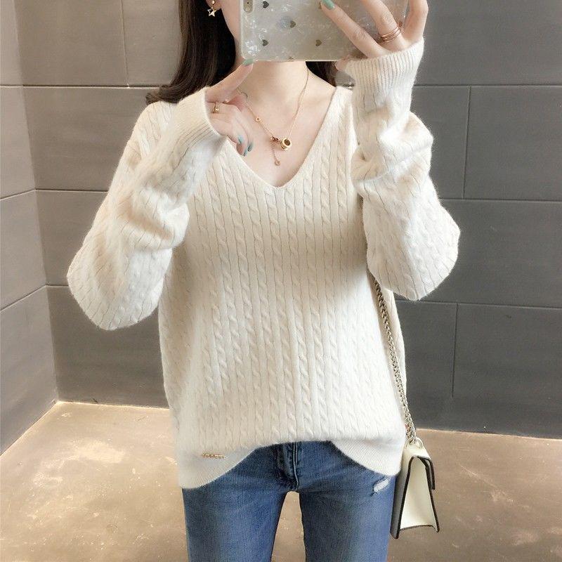 V-neck Sweater Women Spring and Autumn Loose Short Bottoming Shirt Solid Color Stitching Bottoming Blouse Women Pullover
