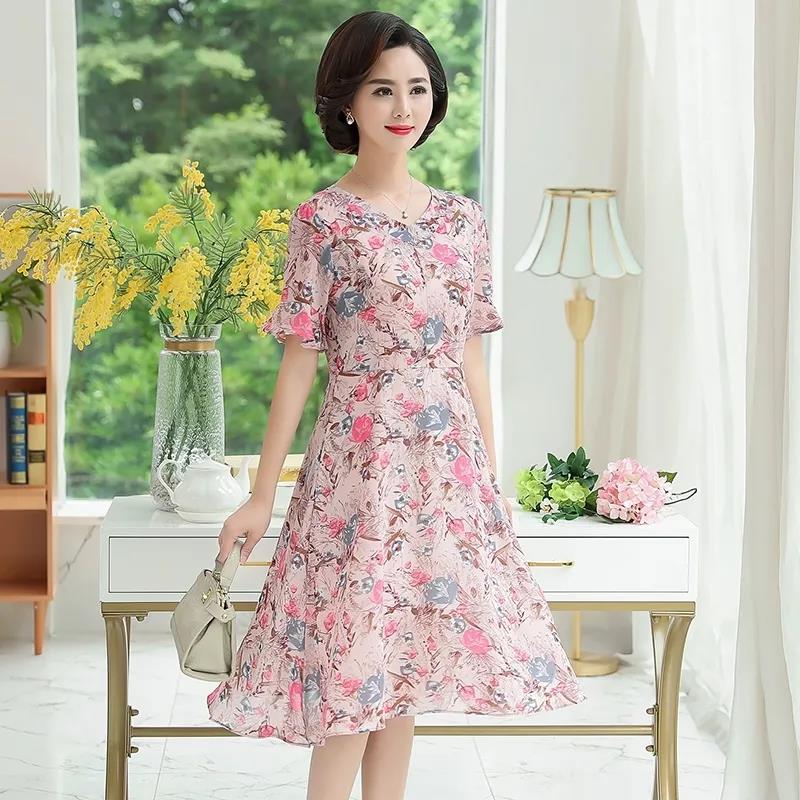 Summer Chiffon Dress Short-sleeved Round Neck Temperament Women's Knee-length Skirt Fabric Light and Breathable Ladies A-line Dress