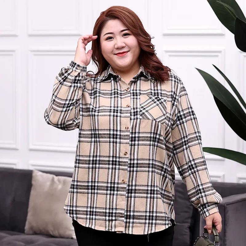 Large Size 150kg Wearable Pink Plaid Shirt Women Loose Brushed Shirt Casual Lapel Long Sleeve blouses