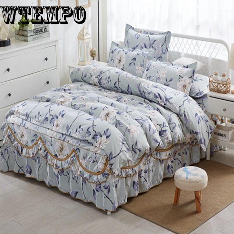 Flowers Print Bedspread Cotton Bed Skirt Bed  Fitted Sheet Bedding Bed Sets Queen King Size