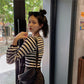 Autumn Color Contrast Striped V-neck Sweater Women's Long-sleeved Outer Wear Tight-fitting Short Top