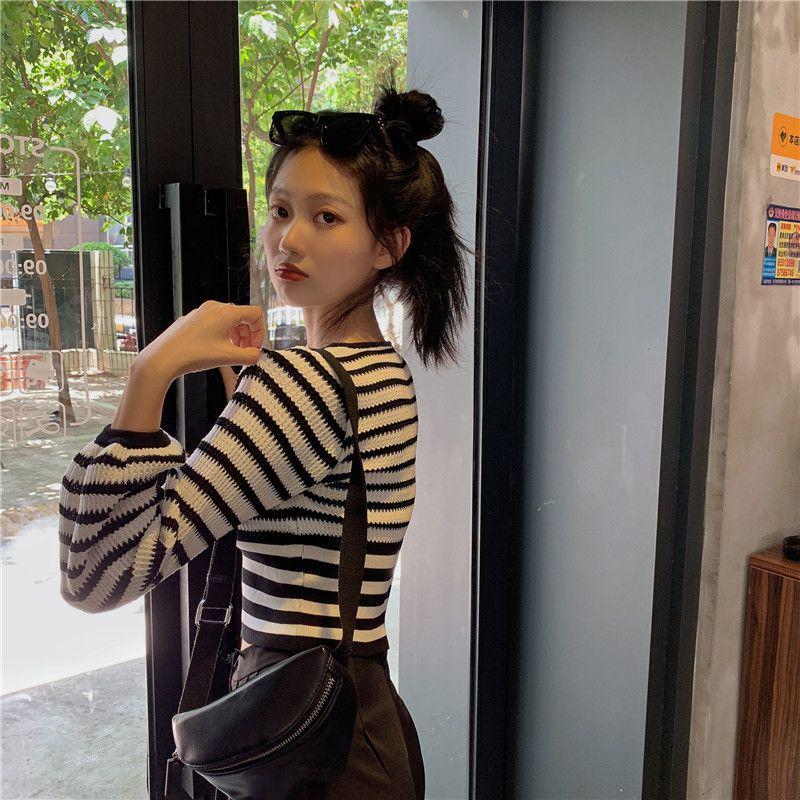 Autumn Color Contrast Striped V-neck Sweater Women's Long-sleeved Outer Wear Tight-fitting Short Top