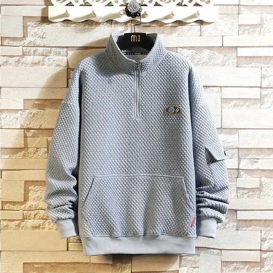 Half Zipper Waffle Pullover Sweater Men's Autumn Korean Trend Half Turtleneck Casual Jacket Loose Large Size Top