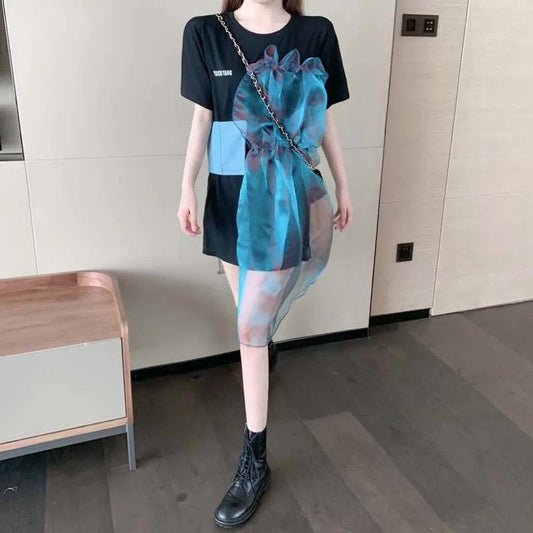 Design Sense Summer Organza Fold Irregular Denim Mesh Stitching Cotton Short-sleeved T-shirt Women