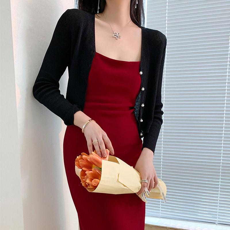 Summer Thin Knitted Sunscreen Cardigan Women's Slim All-match Solid Color Pearl Buckle Ice Silk Short Top