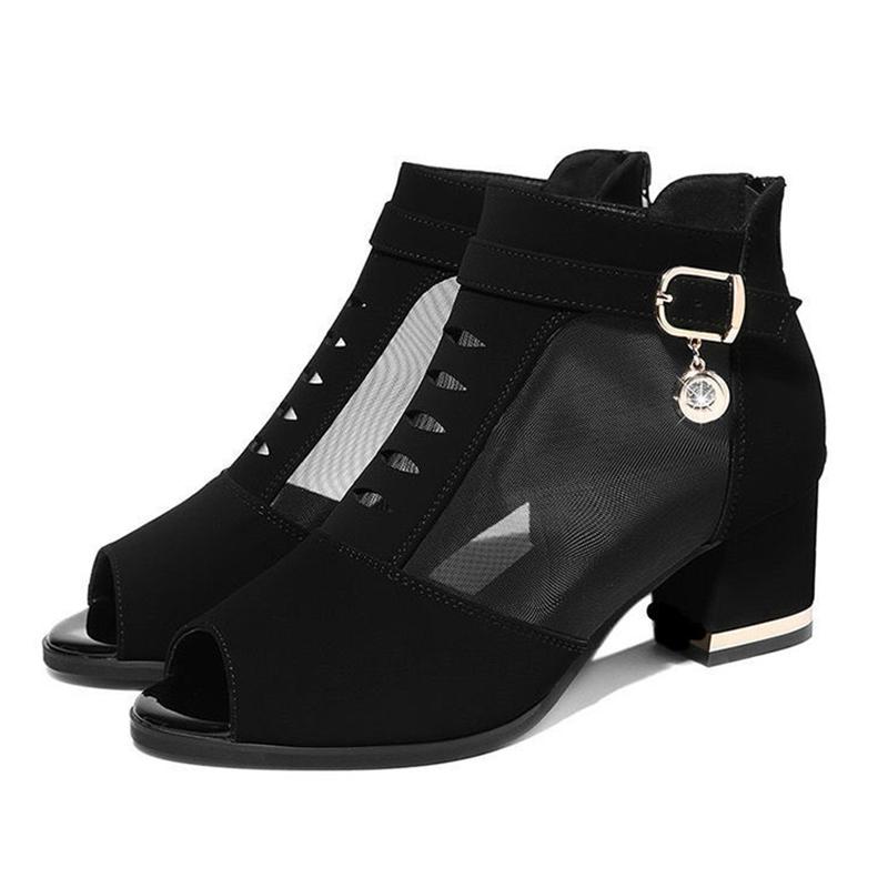 Black Thick-heeled Mesh Sandals Women's Middle-heeled Spring and Summer Breathable Mesh Shoes Fish Mouth Roman Shoes High Heels