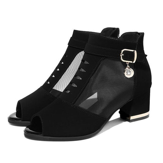 Black Thick-heeled Mesh Sandals Women's Middle-heeled Spring and Summer Breathable Mesh Shoes Fish Mouth Roman Shoes High Heels