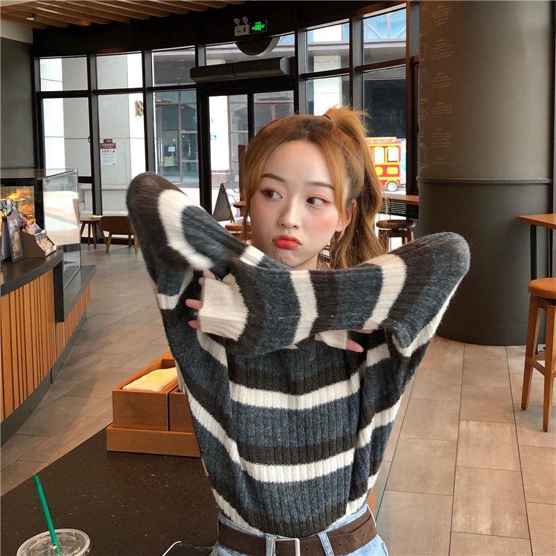 Spring and Autumn Loose Sweater Round Neck Striped Pattern Jacket Fashion Casual Young Women's Top