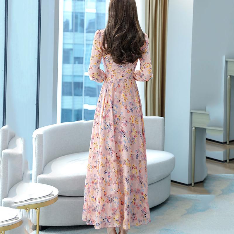 Jacquard V-neck Long-sleeved Dress Spring and Autumn Style Temperament Waist Slimming Slim Bow Long Dress Women's Fabric Light and Breathable