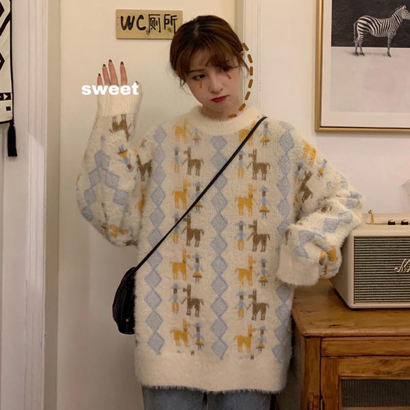 Sweet Style Top Loose Hedging Thick Coat Casual Round Neck Women Sweater