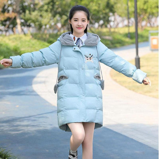 Girls' Cotton Jacket Mid-length Korean Thick Winter Hooded Padded Jacket Windproof and Warm Top