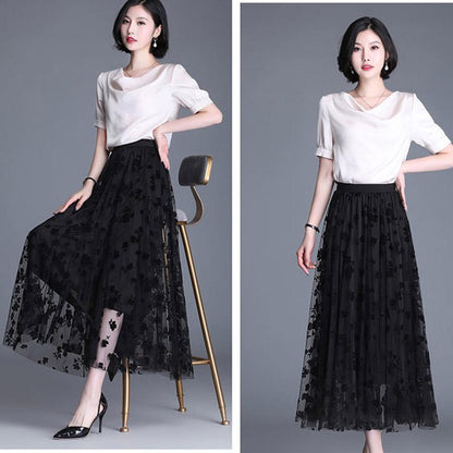 Mesh Floral Skirt Women's Spring/Summer High Waist Mid-Length A-Line Pleated Skirt